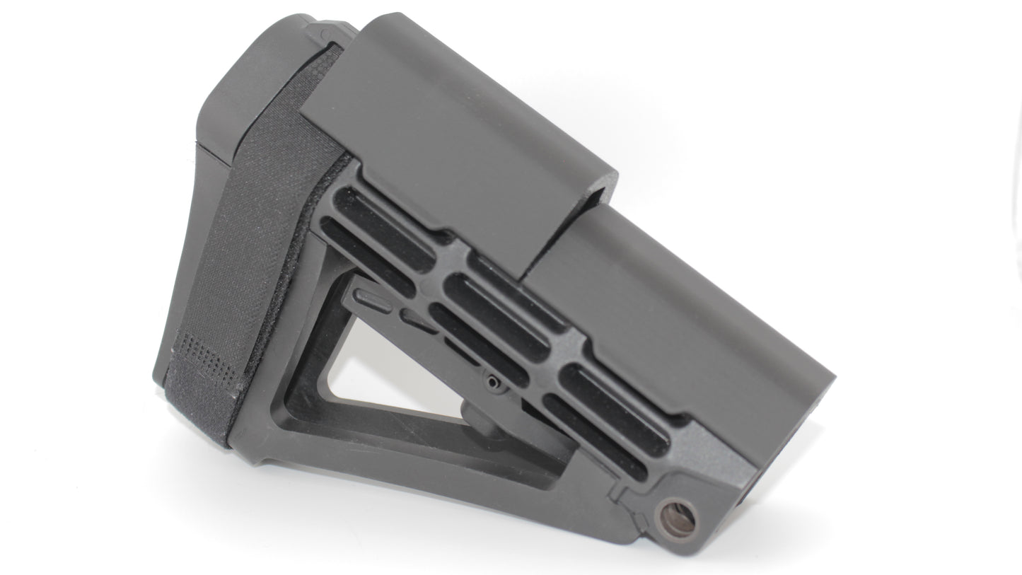 Side view of SBA4 modular cheek riser with dual risers mounted simultaneously on the SBA4 brace, featuring stacked black riser components and skeletonized brace design, displayed on a light grey background.