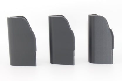 Side view of three SBA5 cheek riser inserts in 10mm, 17mm and 20mm heights showing curved outer profiles on white background