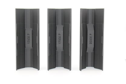 Three black full‑size SBA3 cheek riser inserts in 10mm, 17mm and 20mm heights displayed upright from bottom view on white background